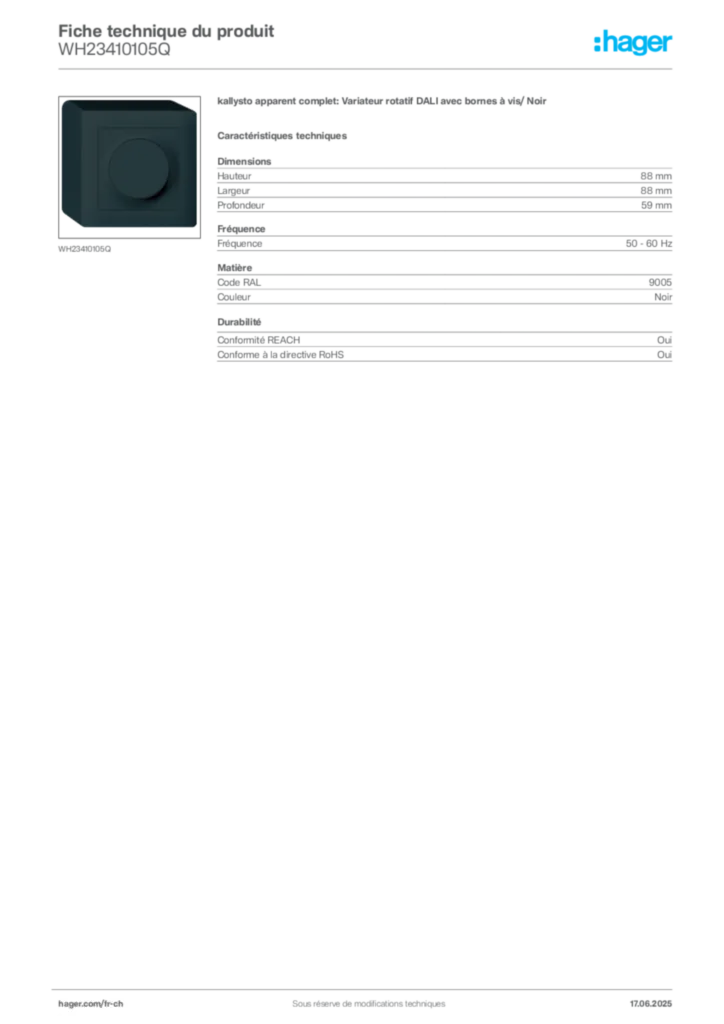 Image Hager Fiche technique du produit WH23410105Q | Hager Suisse