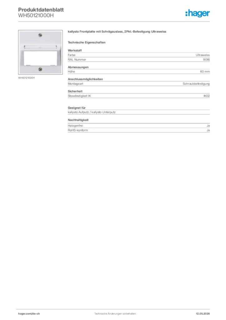 Bild Hager Produktdatenblatt WH50121000H | Hager Schweiz