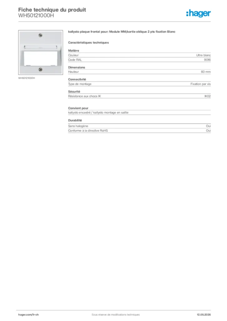 Image Hager Fiche technique du produit WH50121000H | Hager Suisse