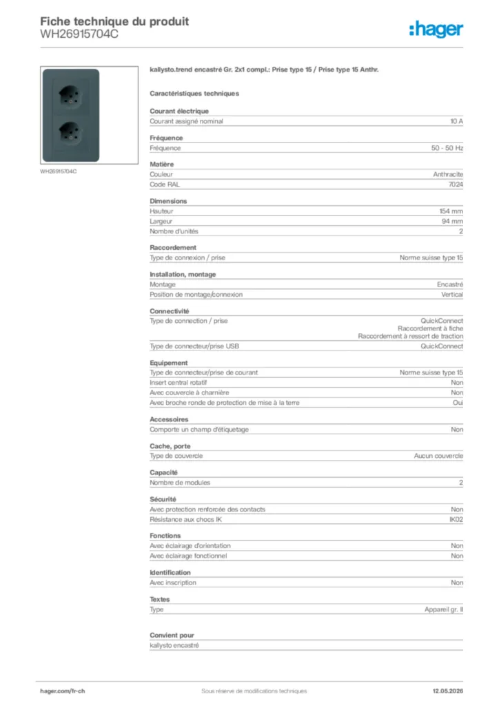 Image Hager Fiche technique du produit WH26915704C | Hager Suisse