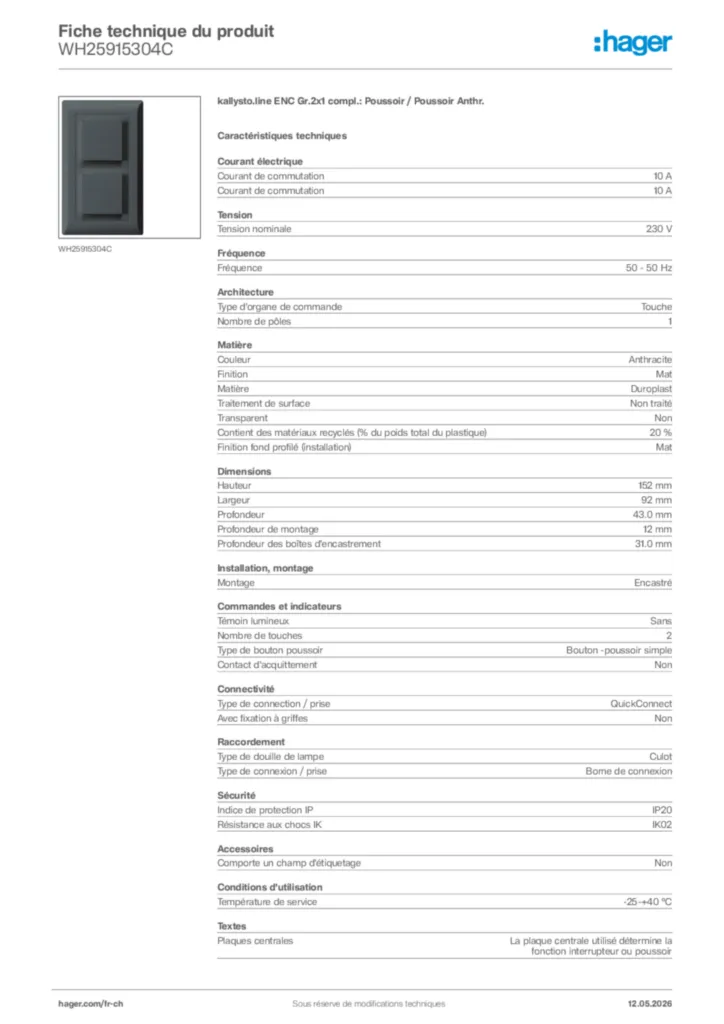 Image Hager Fiche technique du produit WH25915304C | Hager Suisse