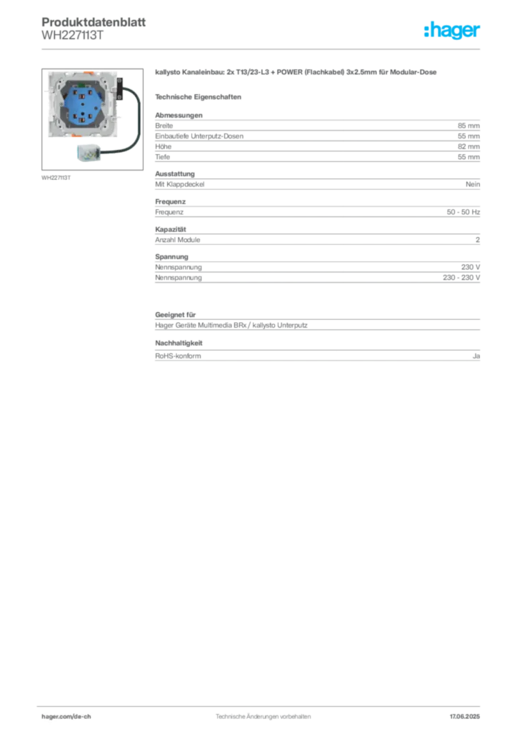 Bild Hager Produktdatenblatt WH227113T | Hager Schweiz