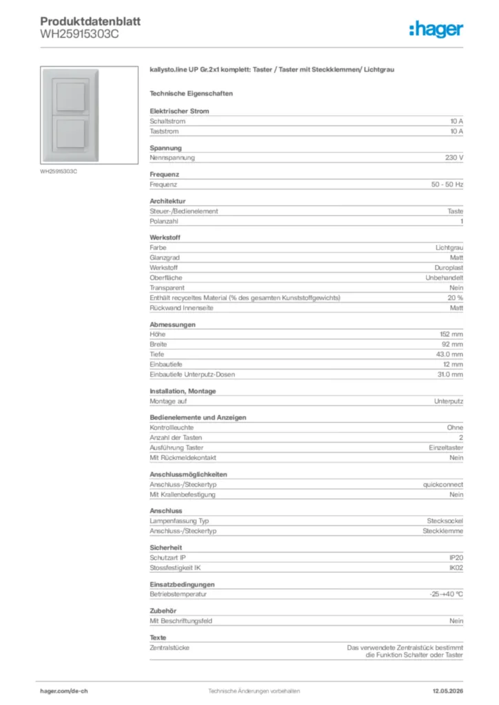 Bild Hager Produktdatenblatt WH25915303C | Hager Schweiz