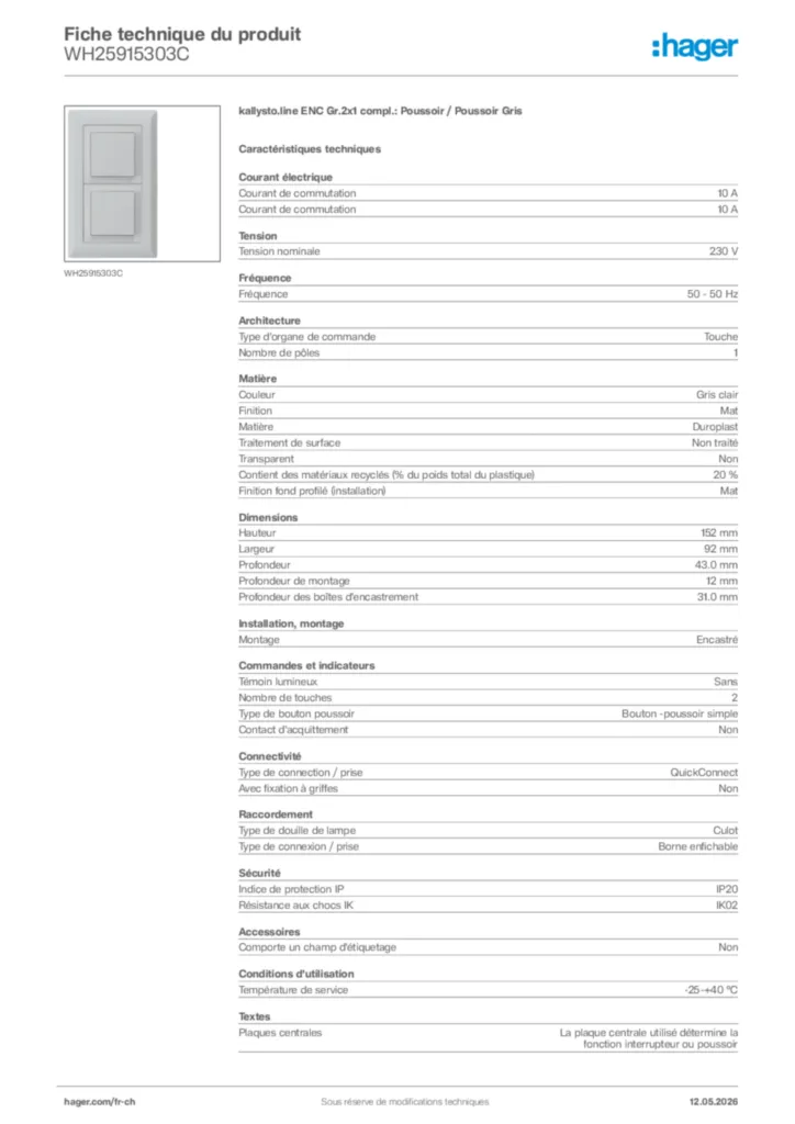 Image Hager Fiche technique du produit WH25915303C | Hager Suisse