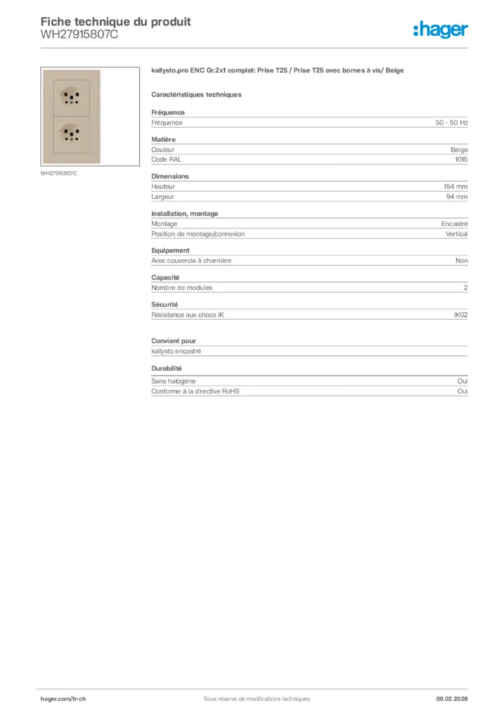 Image Hager Fiche technique du produit WH27915807C | Hager Suisse