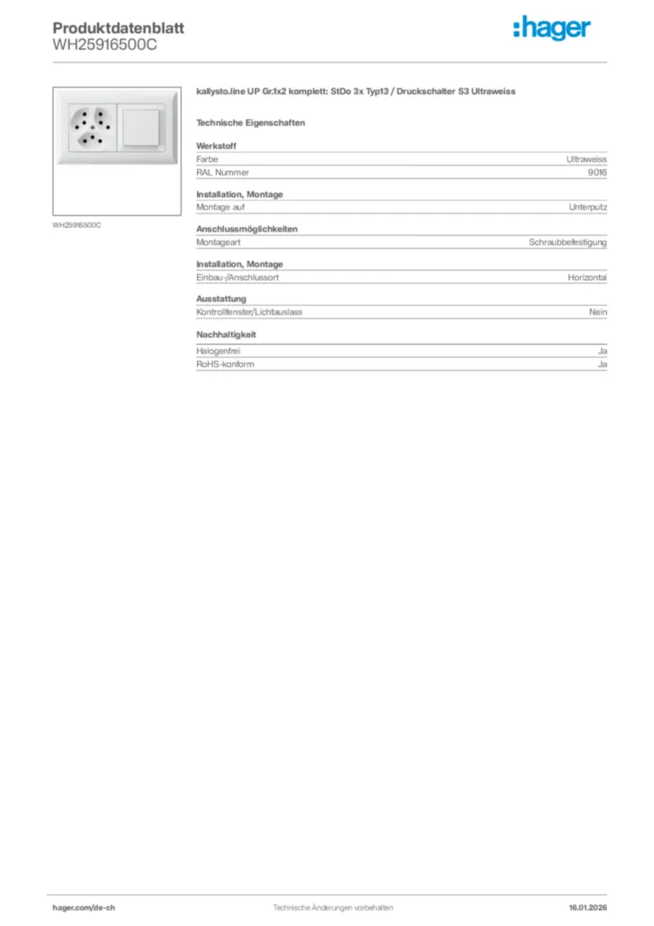 Bild Hager Produktdatenblatt WH25916500C | Hager Schweiz