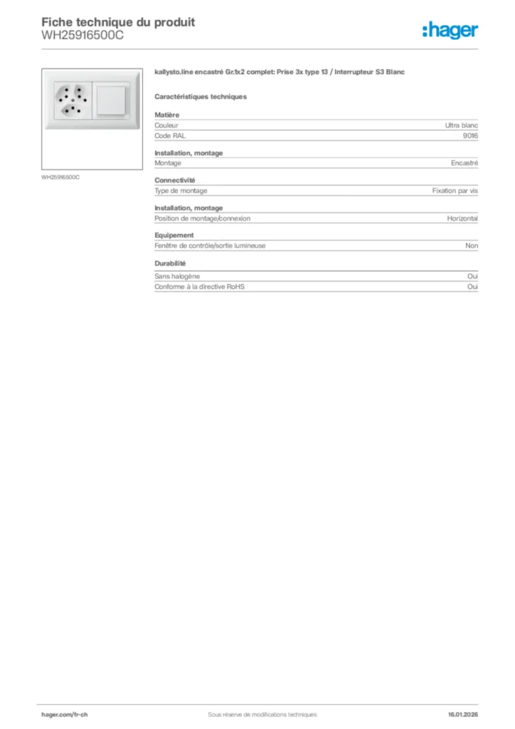 Image Hager Fiche technique du produit WH25916500C | Hager Suisse