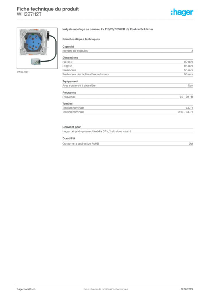 Image Hager Fiche technique du produit WH227112T | Hager Suisse