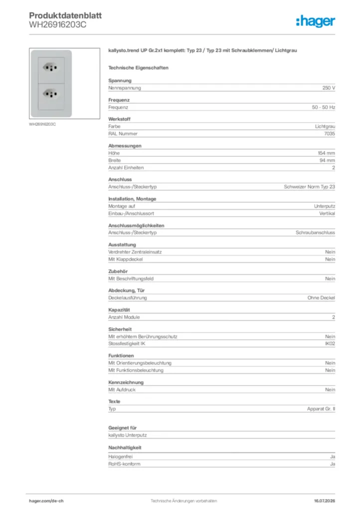 Bild Hager Produktdatenblatt WH26916203C | Hager Schweiz