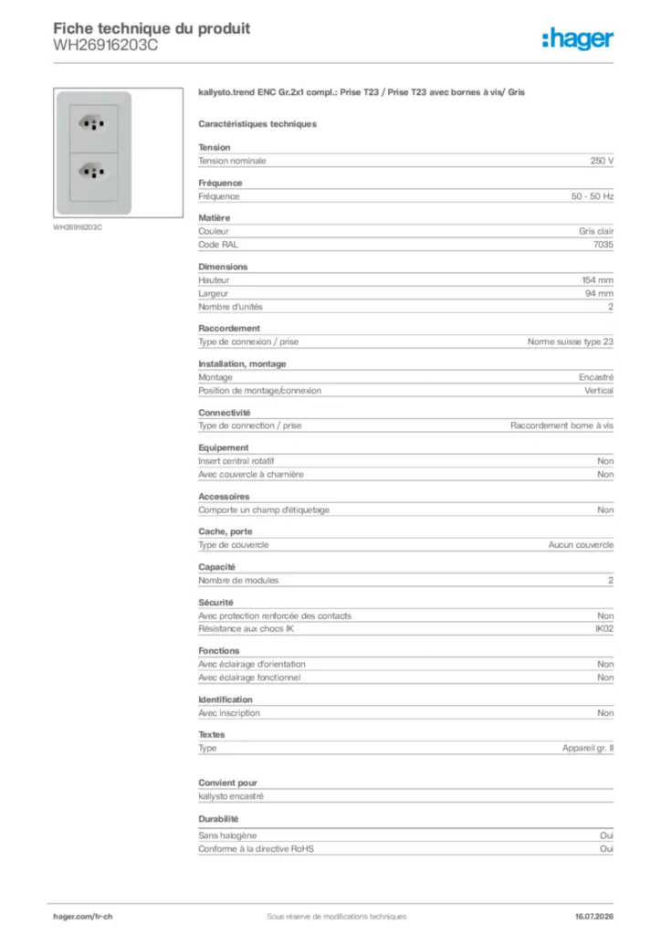 Image Hager Fiche technique du produit WH26916203C | Hager Suisse