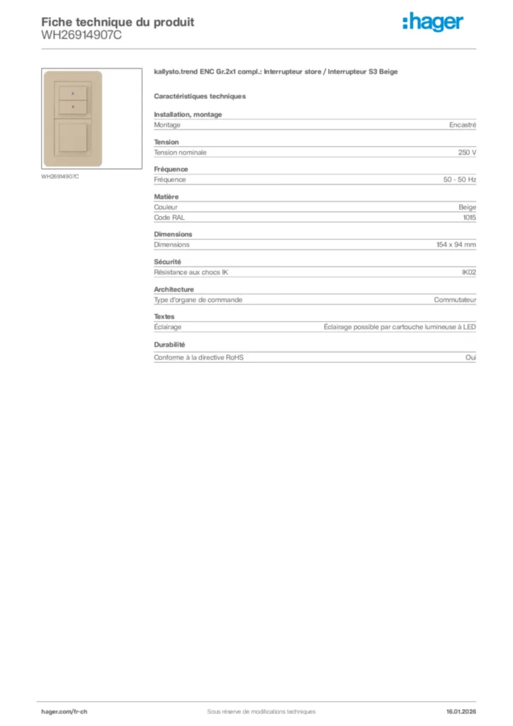 Image Hager Fiche technique du produit WH26914907C | Hager Suisse