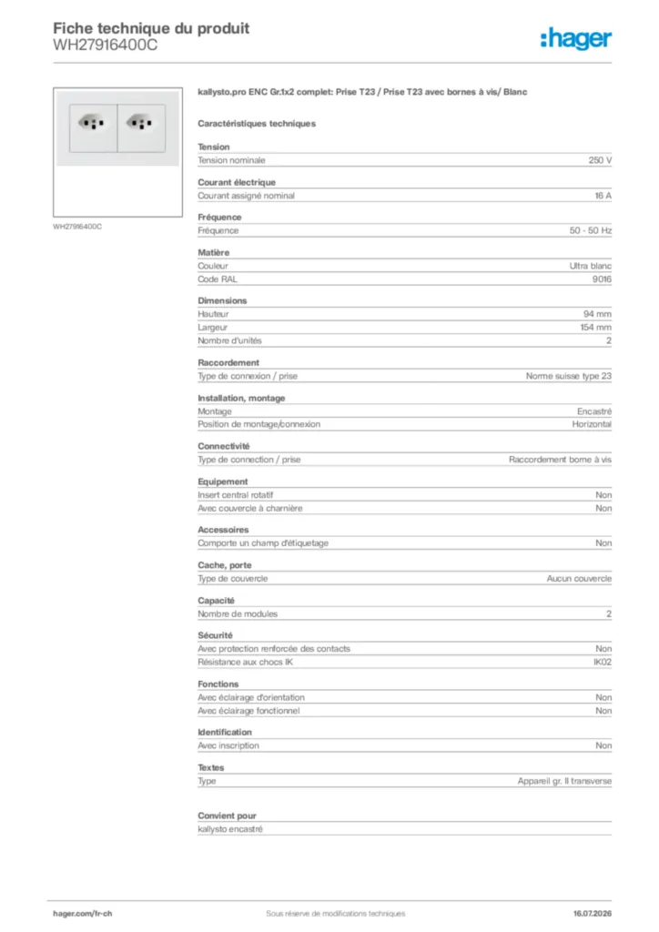 Image Hager Fiche technique du produit WH27916400C | Hager Suisse