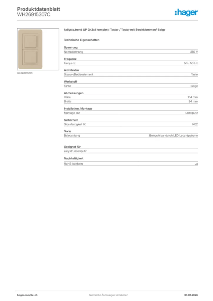 Bild Hager Produktdatenblatt WH26915307C | Hager Schweiz