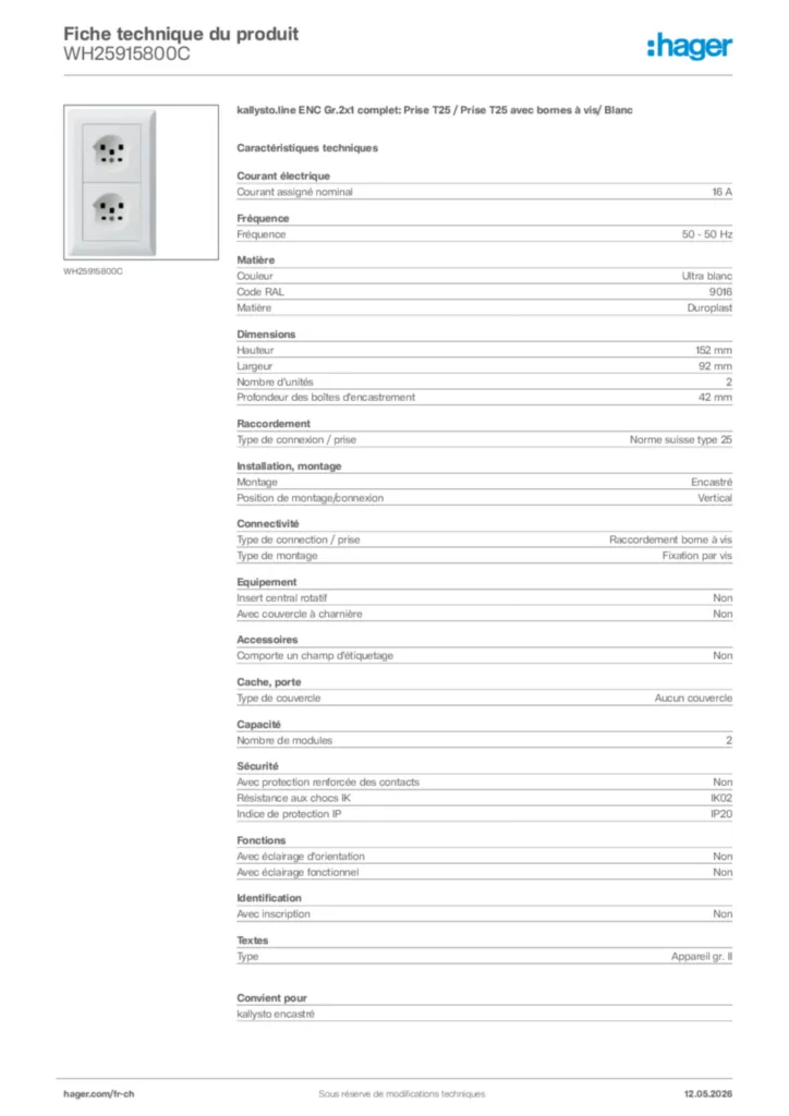 Image Hager Fiche technique du produit WH25915800C | Hager Suisse