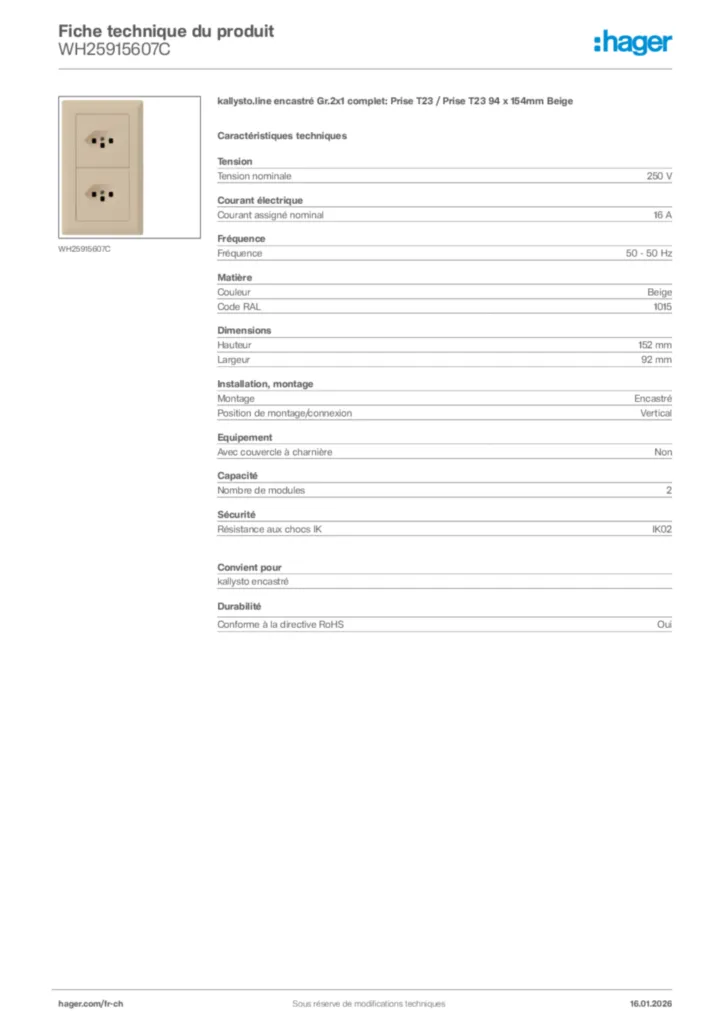 Image Hager Fiche technique du produit WH25915607C | Hager Suisse