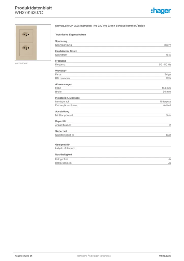 Bild Hager Produktdatenblatt WH27916207C | Hager Schweiz