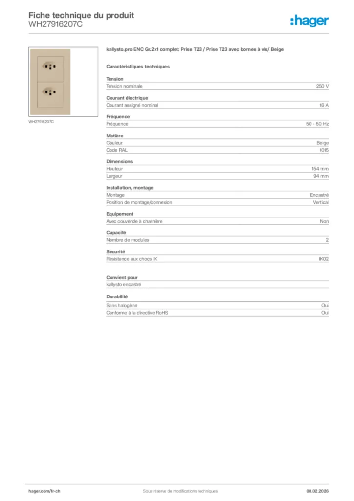 Image Hager Fiche technique du produit WH27916207C | Hager Suisse