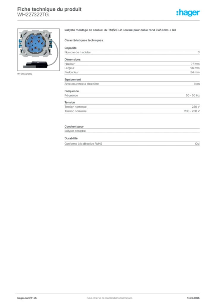 Image Hager Fiche technique du produit WH227322TG | Hager Suisse