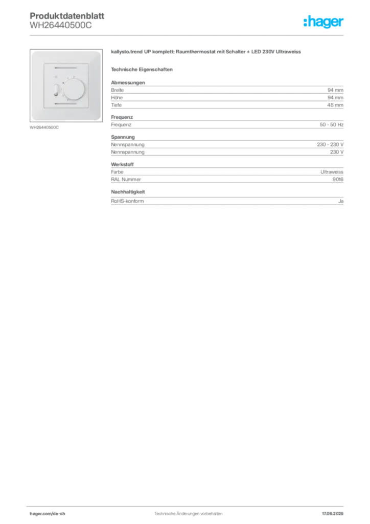Bild Hager Produktdatenblatt WH26440500C | Hager Schweiz