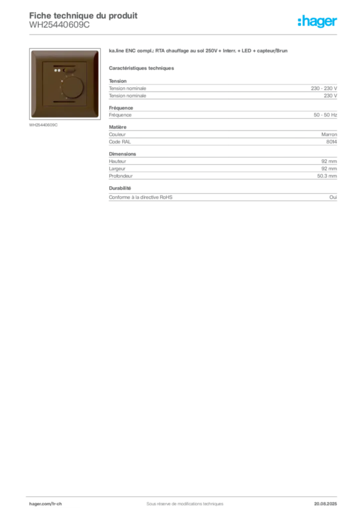 Image Hager Fiche technique du produit WH25440609C | Hager Suisse