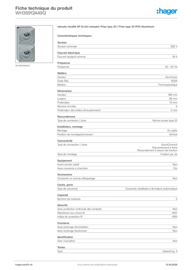 Image Hager Fiche technique du produit WH36912449Q | Hager Suisse