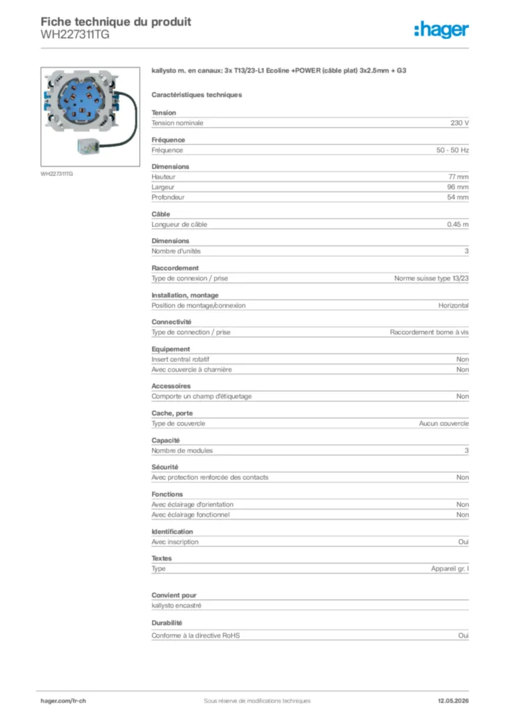 Image Hager Fiche technique du produit WH227311TG | Hager Suisse