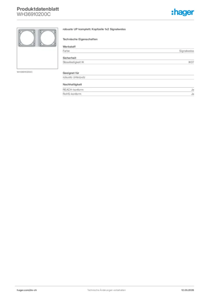 Bild Hager Produktdatenblatt WH36910200C | Hager Schweiz