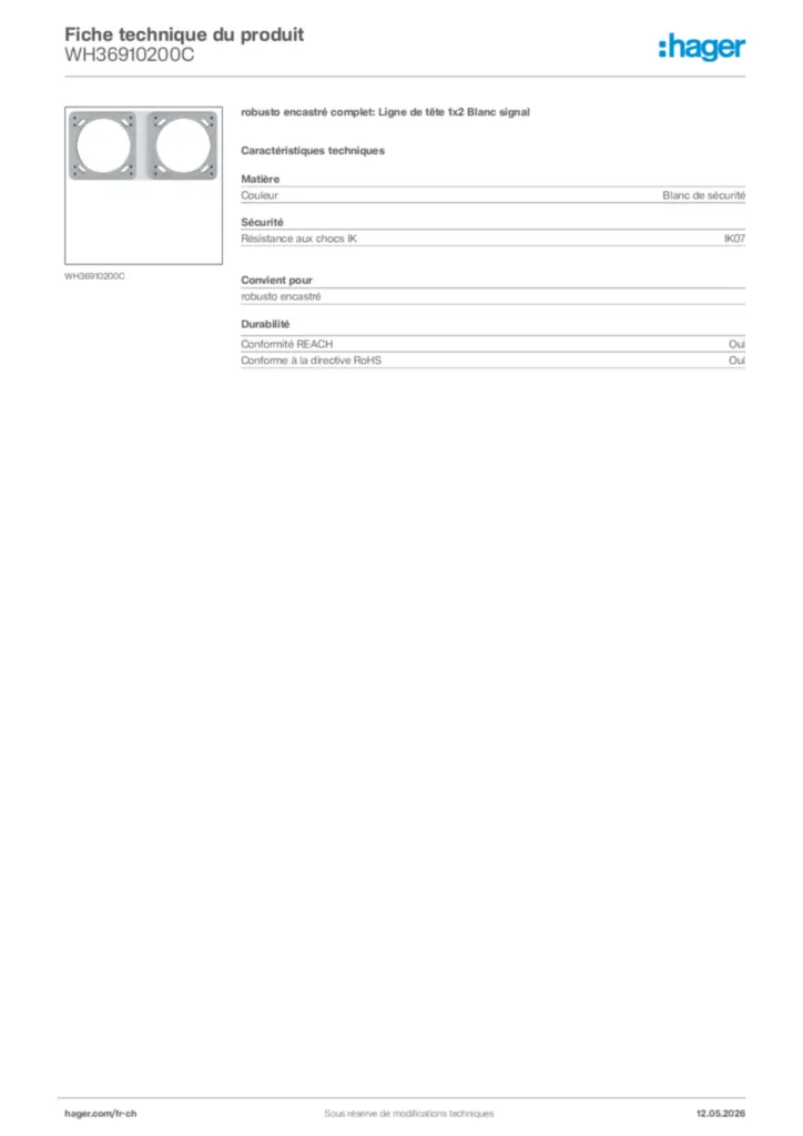 Image Hager Fiche technique du produit WH36910200C | Hager Suisse