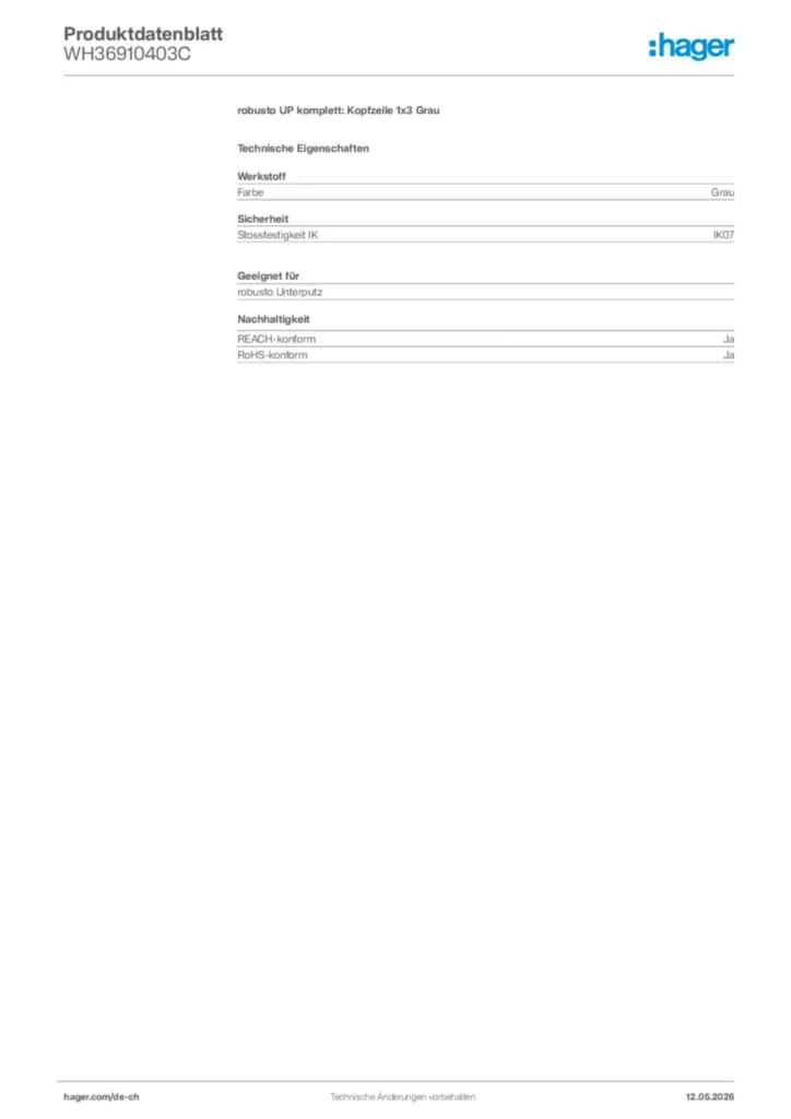 Bild Hager Produktdatenblatt WH36910403C | Hager Schweiz