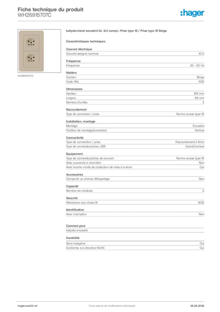 Image Hager Fiche technique du produit WH26915707C | Hager Suisse