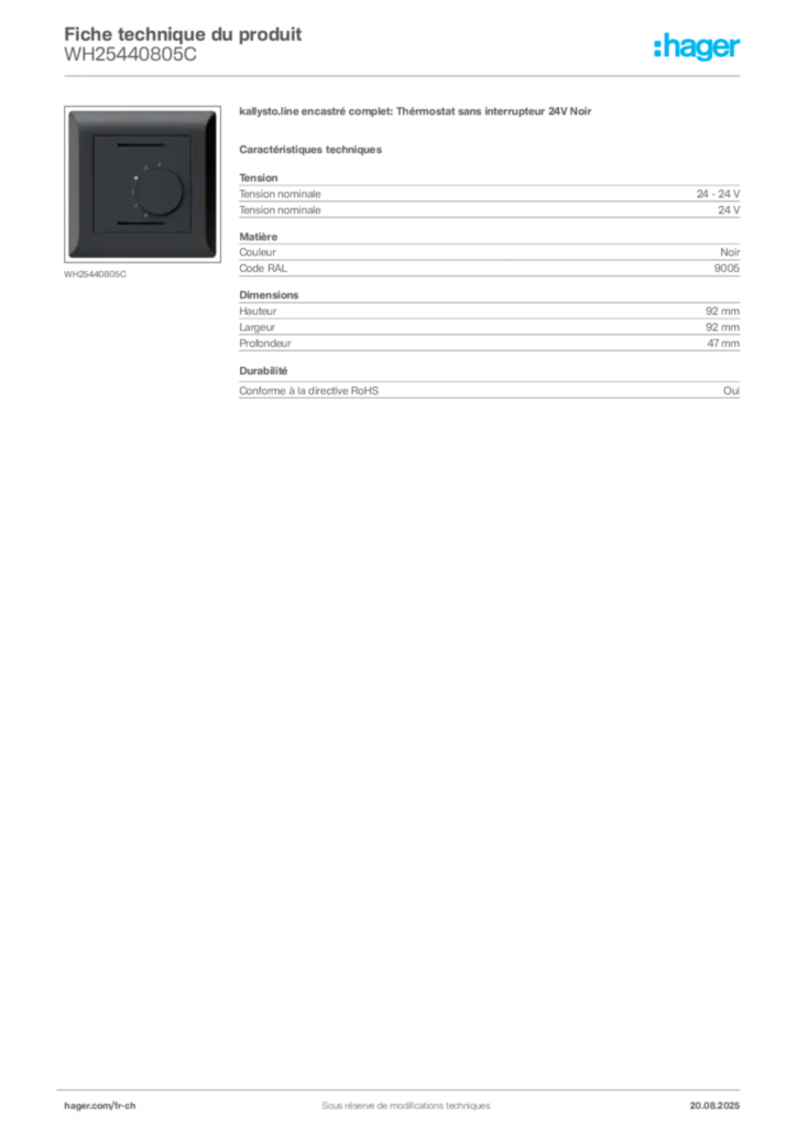 Image Hager Fiche technique du produit WH25440805C | Hager Suisse