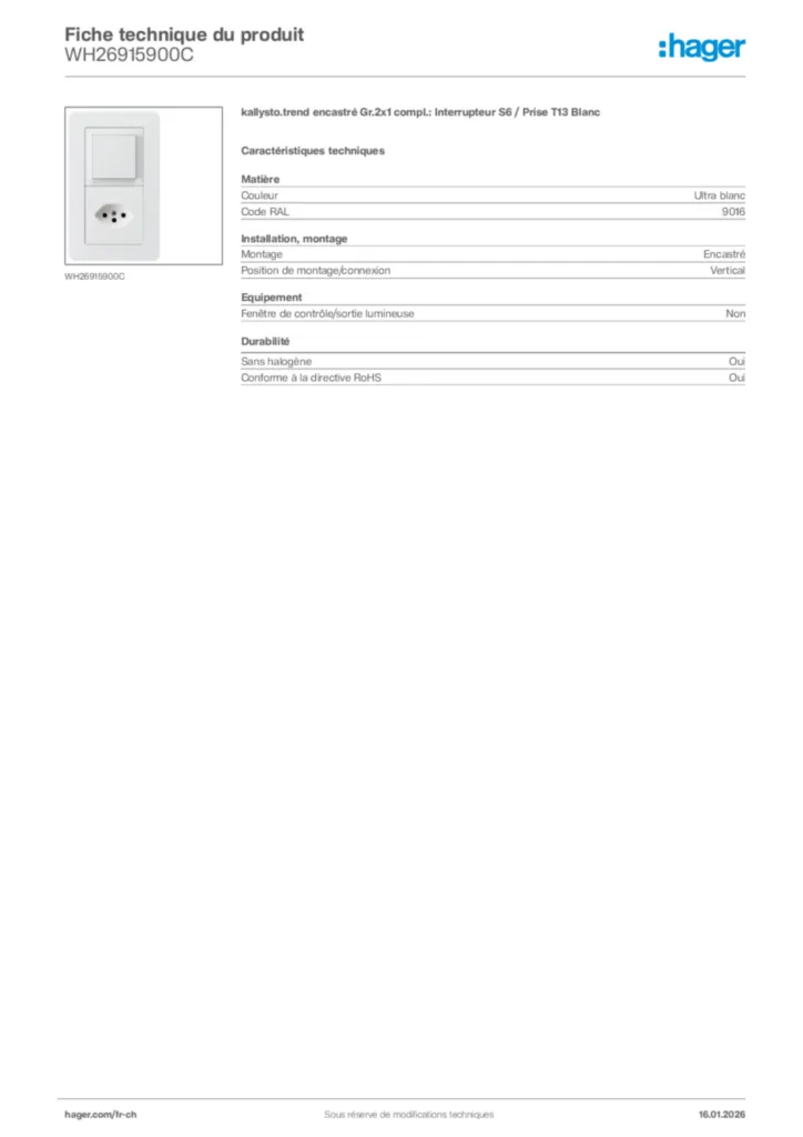 Image Hager Fiche technique du produit WH26915900C | Hager Suisse