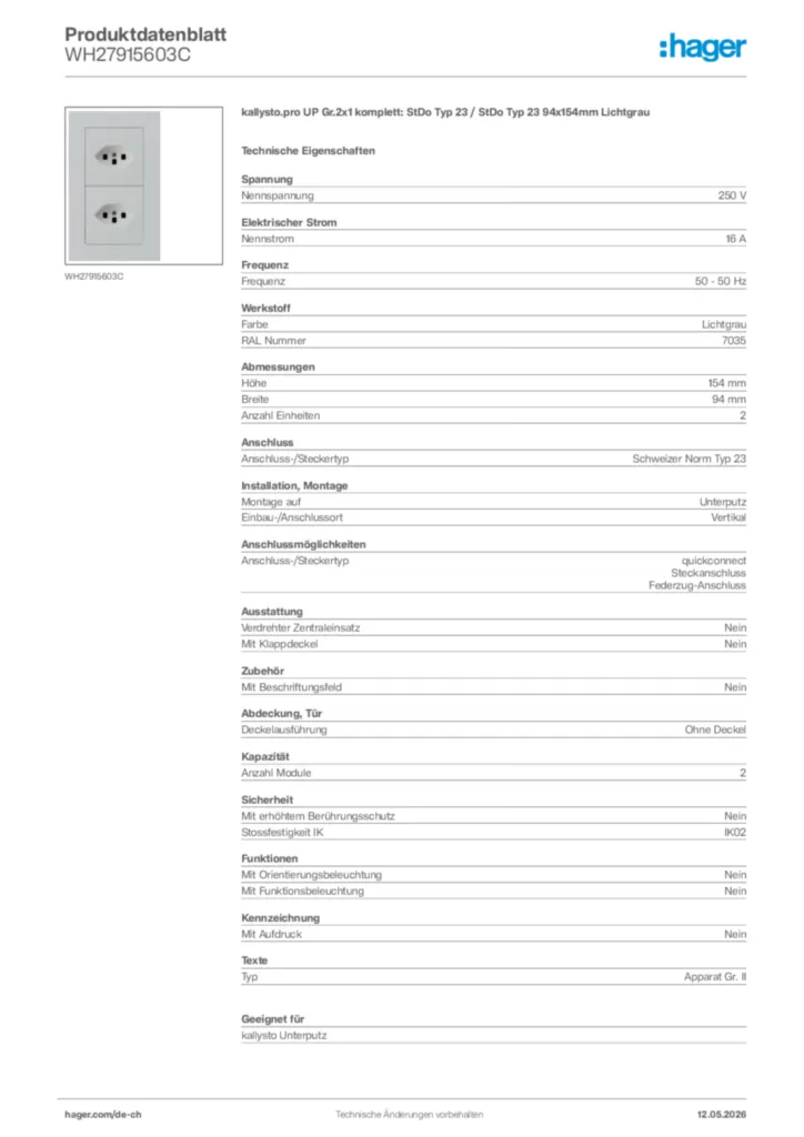 Bild Hager Produktdatenblatt WH27915603C | Hager Schweiz