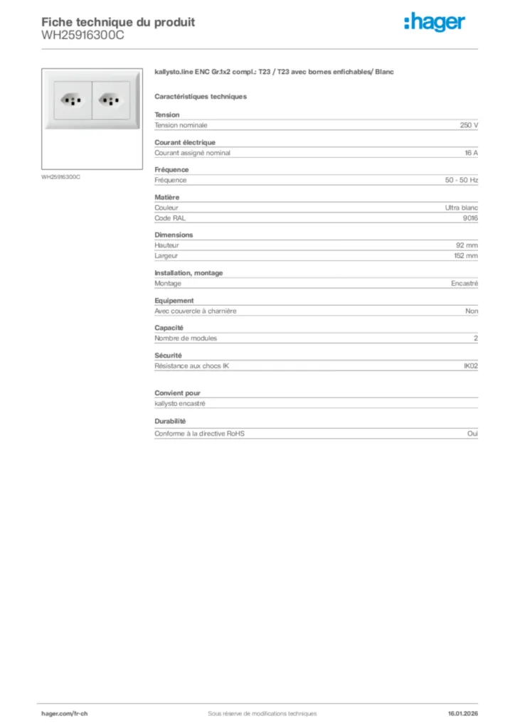 Image Hager Fiche technique du produit WH25916300C | Hager Suisse