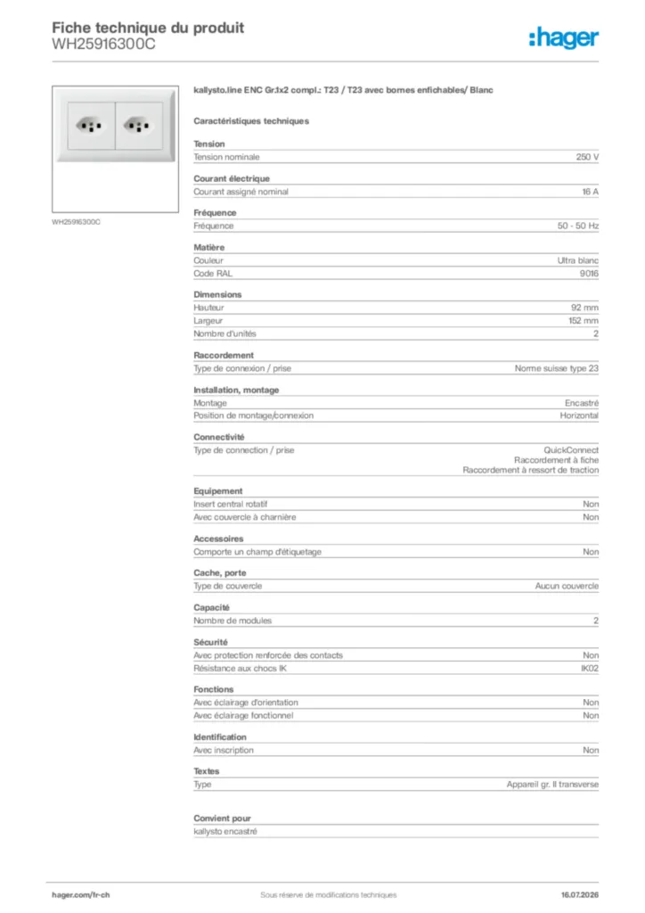 Image Hager Fiche technique du produit WH25916300C | Hager Suisse