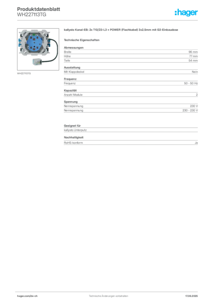 Bild Hager Produktdatenblatt WH227113TG | Hager Schweiz