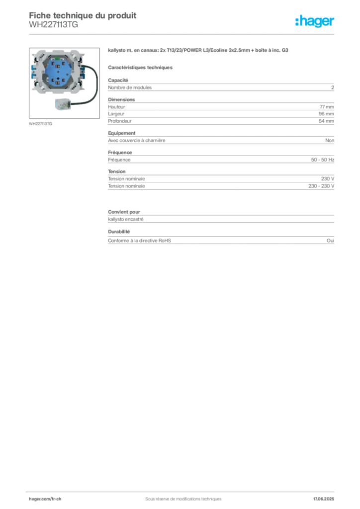 Image Hager Fiche technique du produit WH227113TG | Hager Suisse