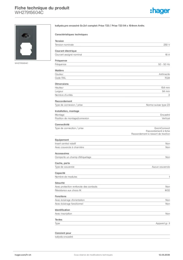 Image Hager Fiche technique du produit WH27915604C | Hager Suisse