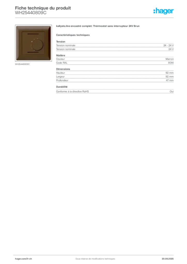 Image Hager Fiche technique du produit WH25440809C | Hager Suisse