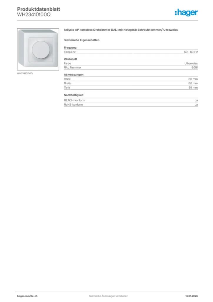 Bild Hager Produktdatenblatt WH23410100Q | Hager Schweiz