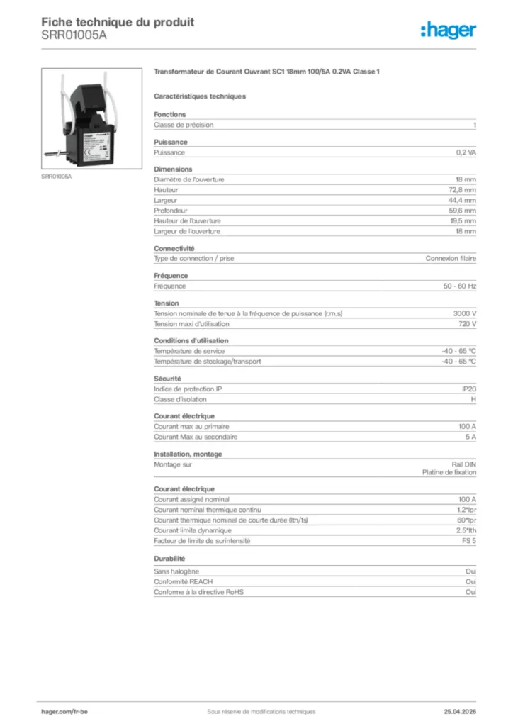 Image Hager Fiche technique du produit SRR01005A | Hager Belgique