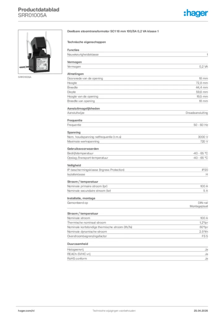 Afbeelding Hager Productdatablad SRR01005A | Hager Nederland