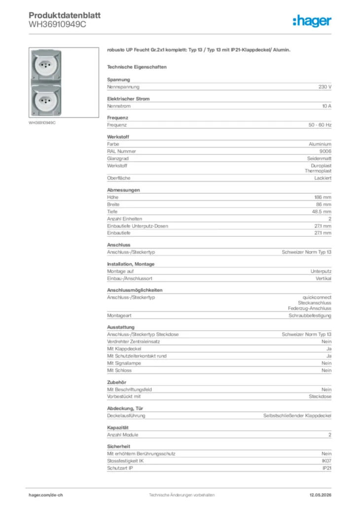 Bild Hager Produktdatenblatt WH36910949C | Hager Schweiz