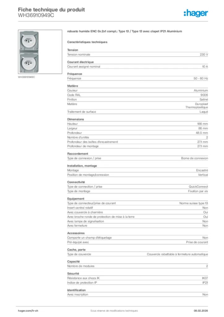Image Hager Fiche technique du produit WH36910949C | Hager Suisse