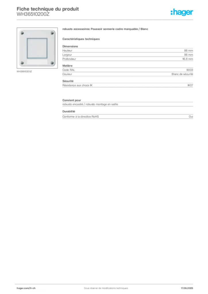 Image Hager Fiche technique du produit WH36510200Z | Hager Suisse