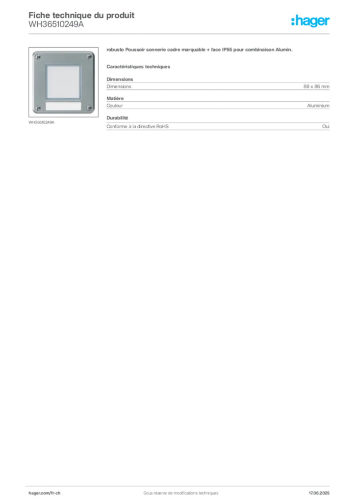 Image Hager Fiche technique du produit WH36510249A | Hager Suisse