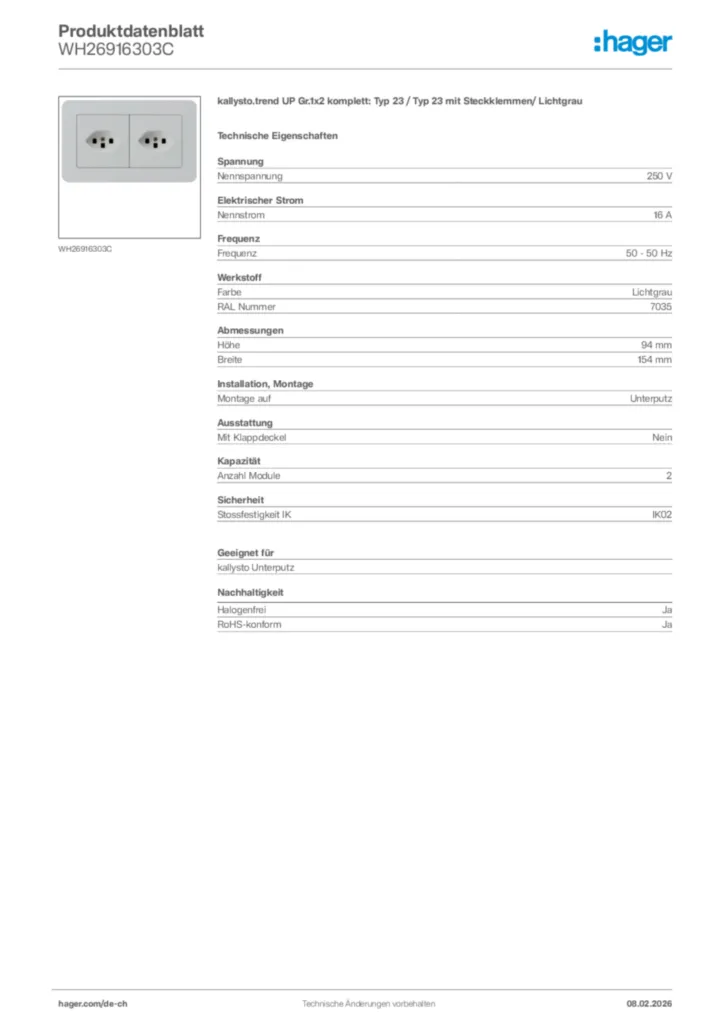 Bild Hager Produktdatenblatt WH26916303C | Hager Schweiz