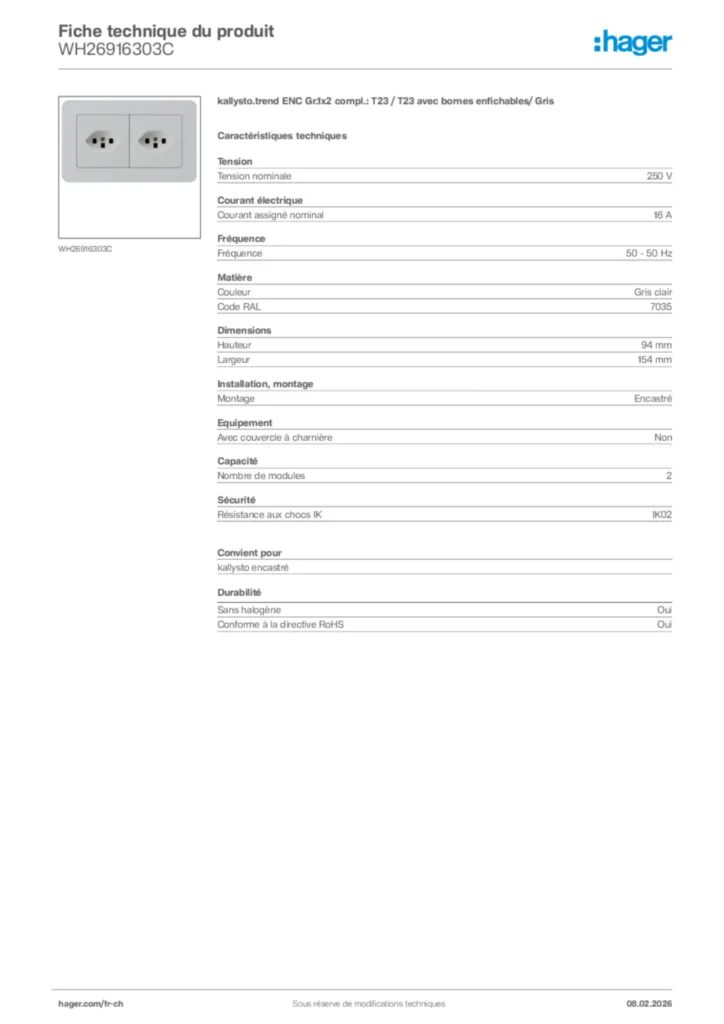 Image Hager Fiche technique du produit WH26916303C | Hager Suisse