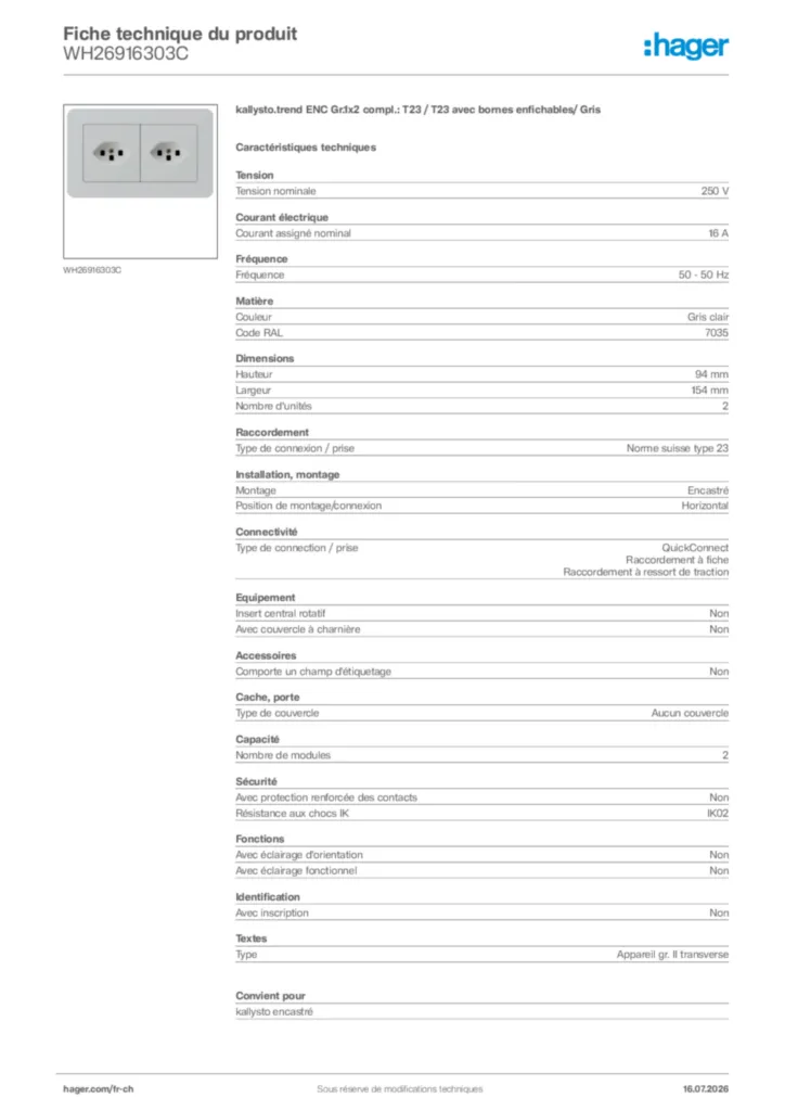 Image Hager Fiche technique du produit WH26916303C | Hager Suisse