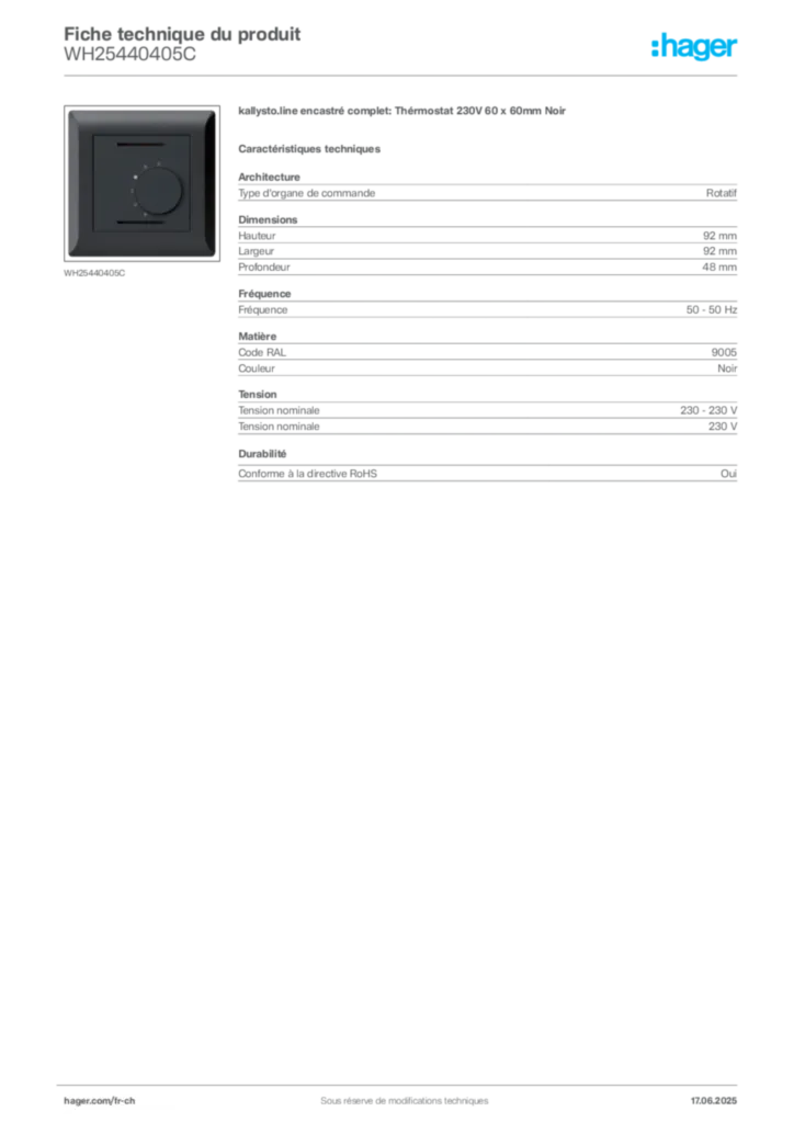 Image Hager Fiche technique du produit WH25440405C | Hager Suisse